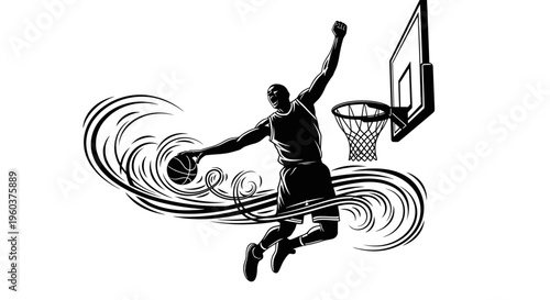 Dynamic black and white illustration of a basketball player mid-dunk with energetic swirling graphic elements around him, showcasing athletic movement.