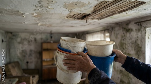 Urgent intervention by a homeowner struggling with severe property neglect, using buckets to catch water from a dangerously leaking and dilapidated ceiling in a run-down residence