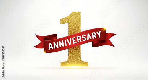 Golden 1st anniversary celebration logo with red banner