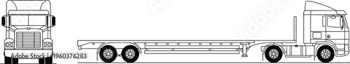 flatbed truck outline vector, heavy transport vehicle side and front view, cargo trailer illustration, industrial logistics design, line drawing set