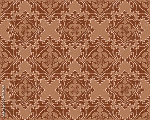 Elegant vector damask pattern in warm brown tones, featuring intricate floral and ornamental details.
Designed as a seamless symmetrical pattern, it conveys a luxurious.