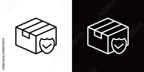 検品済の荷物のラインアイコン。白い線と黒い線のモノクロベクターイラストセット