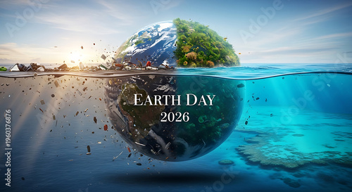 Split Earth shows environmental crisis and clean ocean with coral reefs, representing Earth Day 2026 contrast