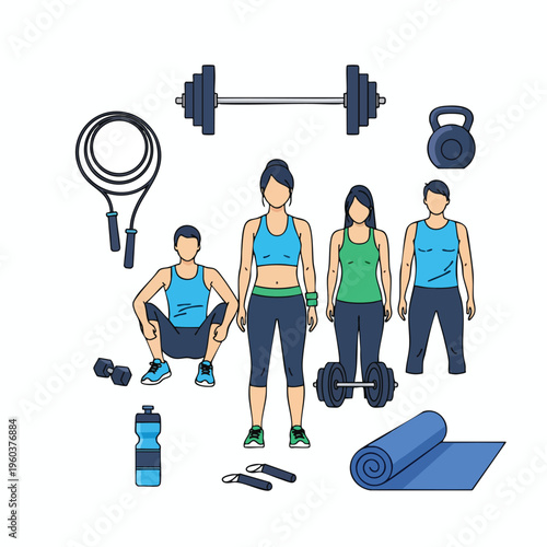 Diverse people and fitness equipment arranged on a white background