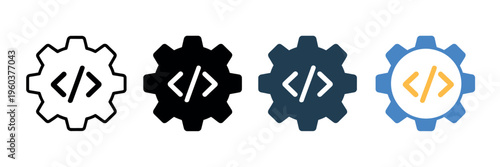 Development and coding gear icon representing programming tools settings and customization in modern vector illustration design