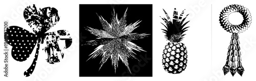 Clover, starburst,, and ornamental wreath rendered in halftone style, vector art with texture, isolated foreground elements, decorative motifs.