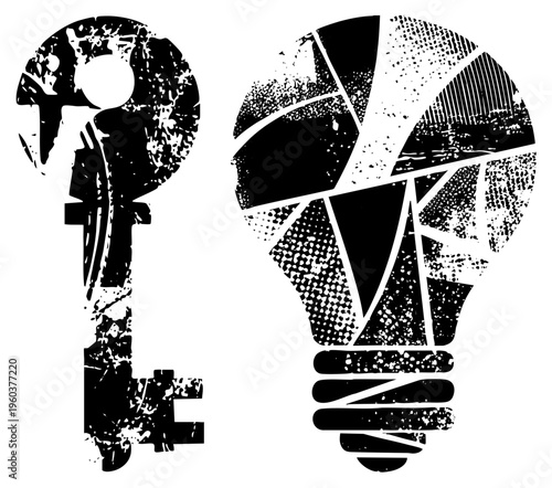 Distressed black key and lightbulb, symbolic of solutions and innovation, stylized vector graphic with halftone texture and fragmented.