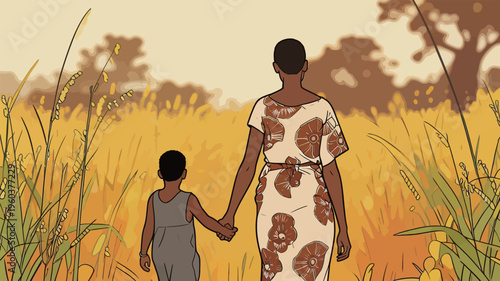 Mother and child walk through a golden field during sunset in a rural area with tall grass and trees in the background