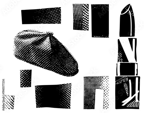 Black and white halftone graphic of beret and lipstick, vector art, fashion accessories, retro style, stylized shapes, pop art influence.
