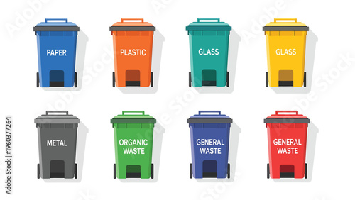 Colorful Recycling Bins Set for Waste Sorting and Segregation - Flat Design Vector Illustration