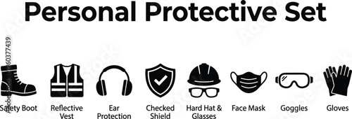 Personal protective equipment set vector illustration featuring black silhouette icons for safety boots reflective vests and hard hats.