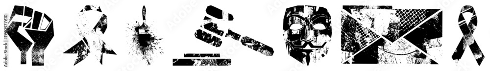 Obraz premium Protest fist, awareness ribbons, paintbrush, gavel, mask, abstract shapes, symbolic, activist visuals, distressed textures, social justice motifs.
