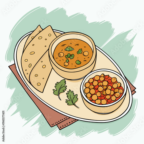 Indian Traditional Food Plate with Roti, Chickpea Curry and Dal Artistic Vector Illustration