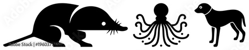 Flat black vector of mole, octopus, and dog, isolated symbols, stylized animals, graphic design elements, silhouette art.