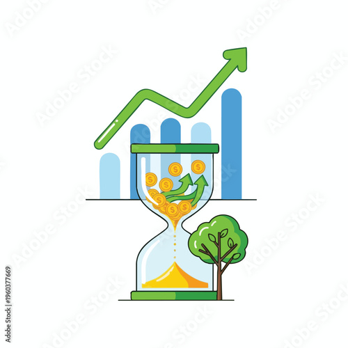 Hourglass with coins, rising arrows, bar chart, and tree symbolizing growth