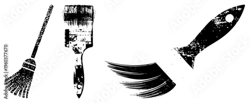 Distressed black vector of broom, paintbrush, and knife, graphic design elements, cleaning tools, artistic implements, stylized silhouettes, urban grit aesthetic.