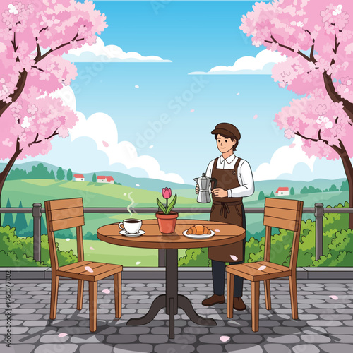 A barista pours coffee at a cafe table set amid blooming cherry trees