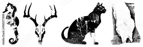 Seahorse, deer skull, cat, and tree trunk in vector art with gritty texture, isolated foreground elements, graphic design motifs.