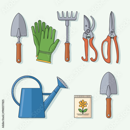 Assorted gardening tools shovel, gloves, rake, pruners, watering can, seeds