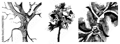 Stylized tree silhouettes rendered in halftone dot and, abstract foliage, graphic design elements, vector art, aesthetic.