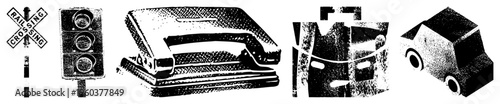 Railway warning sign, traffic, paper puncher, garment hanger, toy car halftone vector, isolated foreground elements.