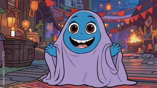 Bright blue character dressed in a blanket is having fun in a colorful street with decorations during the evening
