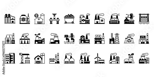 Factory icon set in solid style vector illustration, building, factory, plant, industrial, plants, gas oil, editable stroke