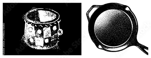 Halftone rendered drum with and cast iron skillet with handle, both isolated vector graphics, classic kitchen and percussion tools.