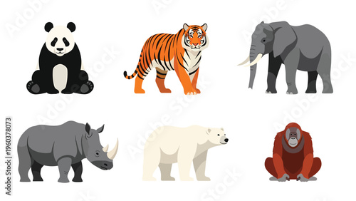 Collection of Six Wild Animals Vector Illustrations: Panda, Tiger, Elephant, Rhino, Polar Bear, Orangutan