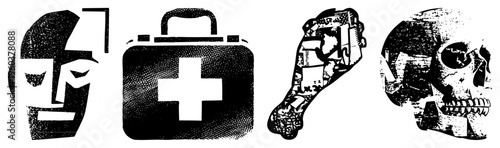 Stylized medical including face mask, first aid kit, foot injury, skull all rendered in halftone dot, vector design for health care visuals.