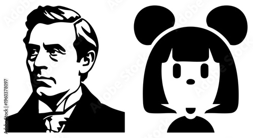 Classic male bust illustration and stylized anime girl with bear ears, black and white vector art, graphic design elements, flat style.