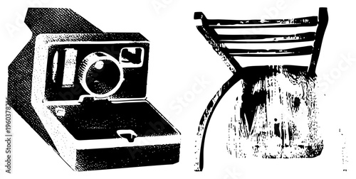 Retro instant film camera and pour over coffee brewer, analog and manual brewing, minimalist black and white halftone illustration, nostalgic tech and coffee culture.