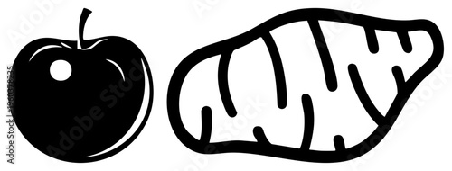 Minimalist with stem and carrot with ridges, vector graphics, food set, flat design, isolated illustrations, vegetarian symbols.