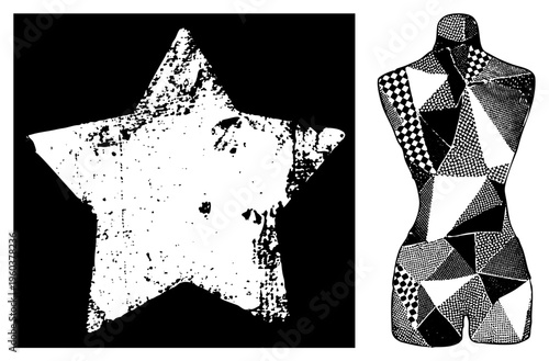 Retro star with distressed texture and stylized mannequin in geometric halftone, graphic design elements, vector illustration, art.