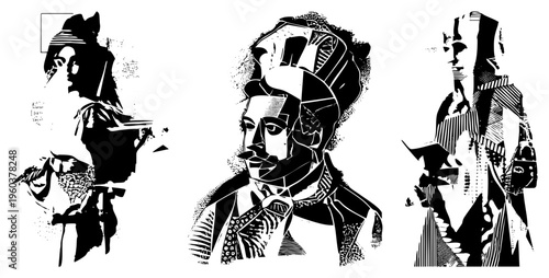 Abstracted human busts rendered in bold black and white halftone, graphic silhouette art, vector portrait, geometric fragmentation, stylized busts, isolated figures, pop art aesthetic.