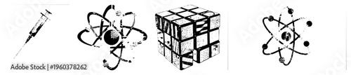 Medical syringe for injections, atomic symbol for science, ’s cube puzzle, atom diagram, vector, isolated graphic elements, scientific and medical tools.
