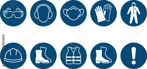 Set of mandatory blue circular safety signs featuring white icons for protective gear including helmets goggles and vests.