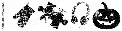 Black and white vector cutouts of festive items oven mitt, puzzle piece, headphones, pumpkin. Grunge texture, holiday symbols, isolated for design.