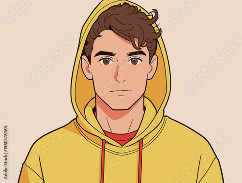 Young person in a yellow hoodie with brown hair looking directly at the viewer indoors