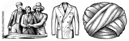 Three men in early 20th century suits, one smoking cigar, another with hat, third with turban, rendered in halftone style, isolated vector graphic.