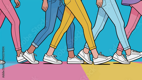 Colorful legs walk in a playful manner on a bright background during a sunny day