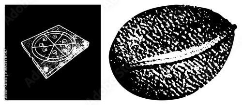 Halftone coffee bean with textured surface, pizza box lid with circular compartments, vector graphic, food set, minimalist design.