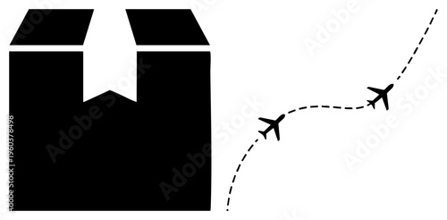 Parcel delivery with flying aircraft, shipping logistics, package dispatch, cargo transport, delivery service, freight movement, airfreight symbol.