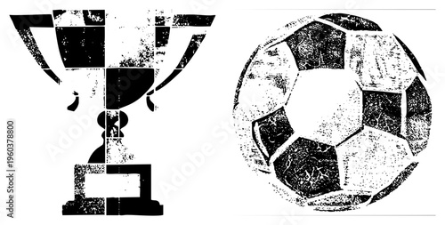 Classic sports trophy with dual handles and base, soccer ball with pentagonal panels, distressed halftone texture, vector art, athletic achievement symbols.
