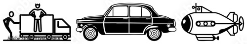 Delivery person unloading package from truck, vintage sedan, submarine vehicle, isolated vector, minimalist black, flat design style.