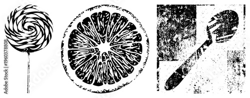 Retro stylized lollipop, citrus section, and spoon rendered in halftone vector art. Black and white graphic with distressed texture. Sweet treats and kitchen utensil.