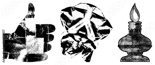 Retro halftone graphic with three thumbs up gesture, crumpled paper ball, antique oil lamp, classic print style, design.