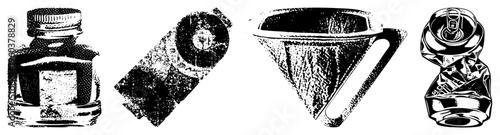 Classic ink bottle with cap, vintage disc record, pour over coffee dripper, crushed soda can retro items with halftone texture, vector, isolated objects.