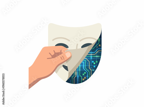 Hand peeling back a mask to reveal a digital circuit board underneath, representing deepfakes, artificial intelligence, and deception.