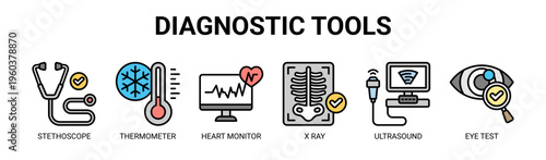 Diagnostic Tools web banner icon vector illustration concept with icons of stethoscope, thermometer, heart monitor, X ray, ultrasound, and eye test.